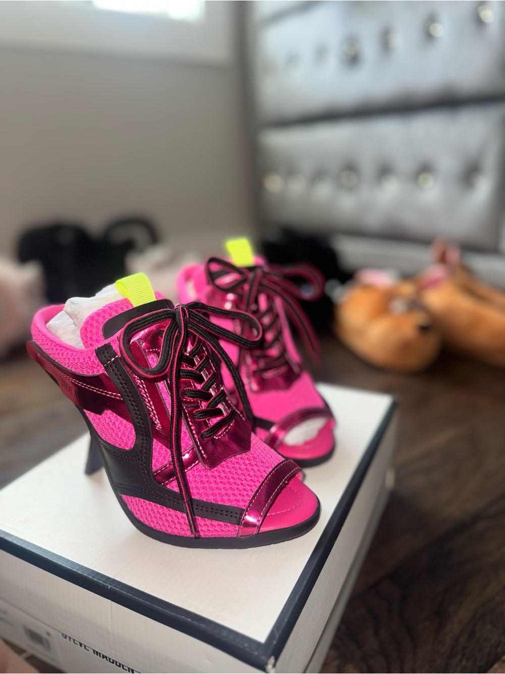 Steve Madden Neon Hot Pink Lace-Up Open-Toe Heels